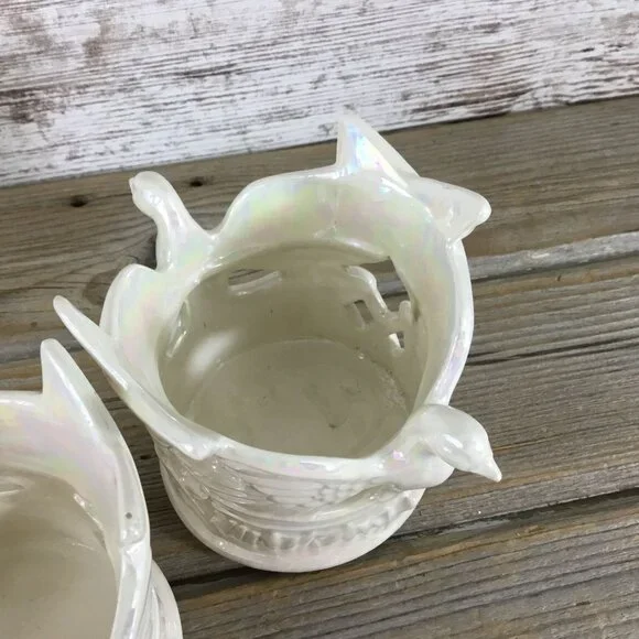 Set of 2 Ceramic Dove Bird & Star Votive Candle Holders Tall Pearl Iridescent - Picture 8 of 13